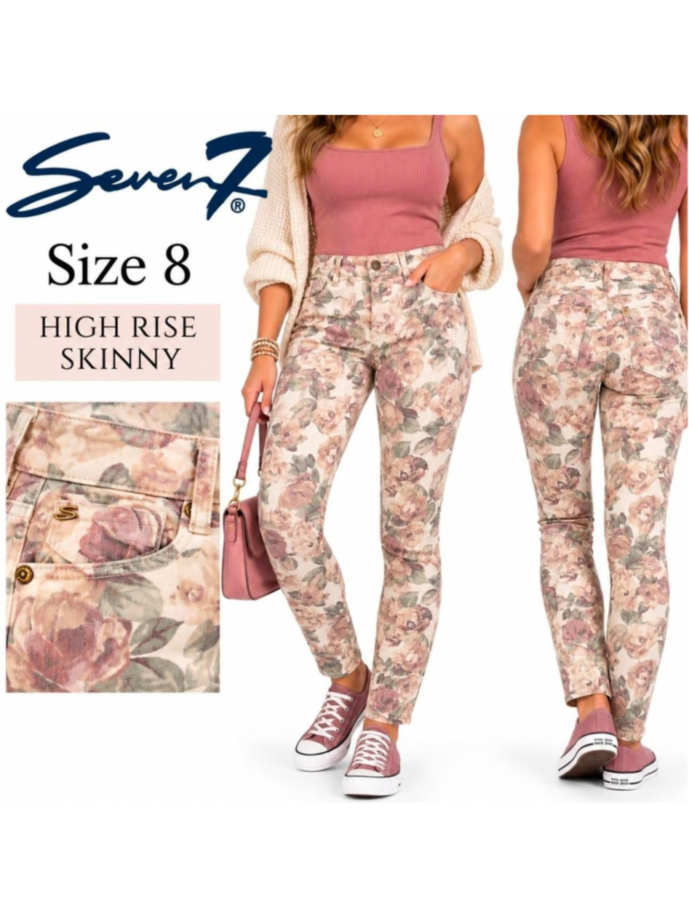 Seven7 Floral High Rise Skinny Jeans Women’s Size 8 Stretch Rose Print